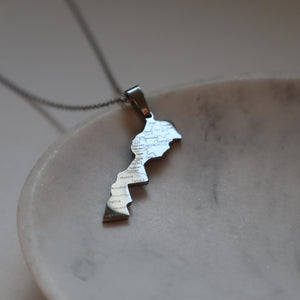 Morocco country map necklace with city detailing silver plated on stainless steel 