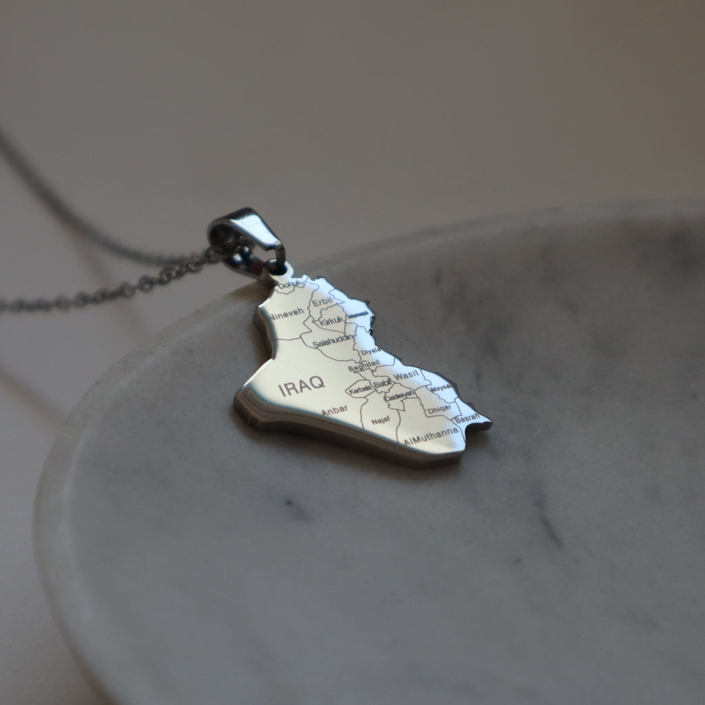 Iraq country map necklace silver plated on stainless steel
