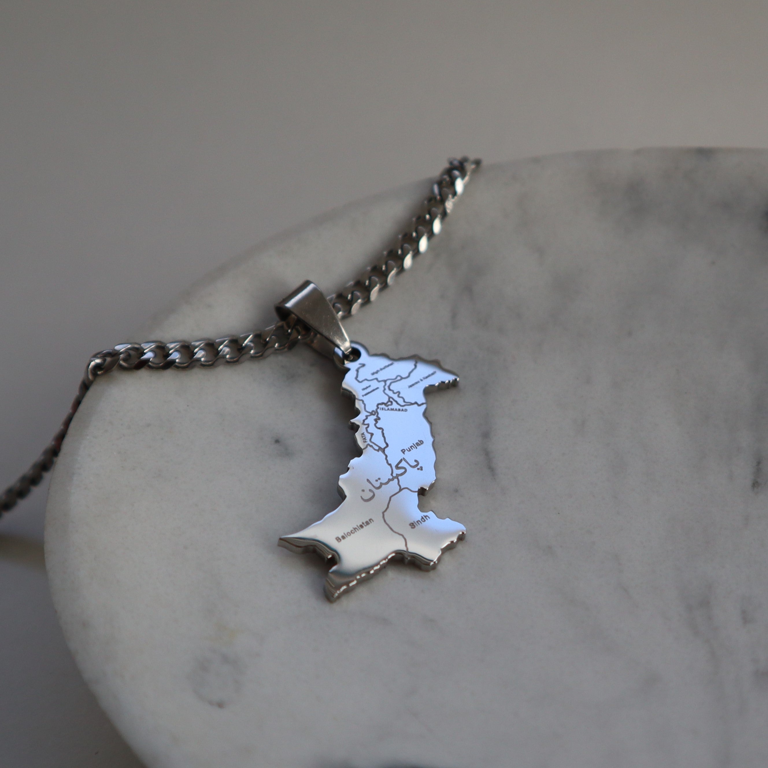 Men's Pakistan map necklace silver plated on stainless steel