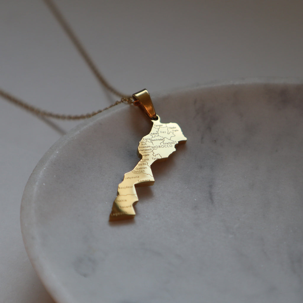 Morocco country map necklace with city detailing 18k gold plated on stainless steel 
