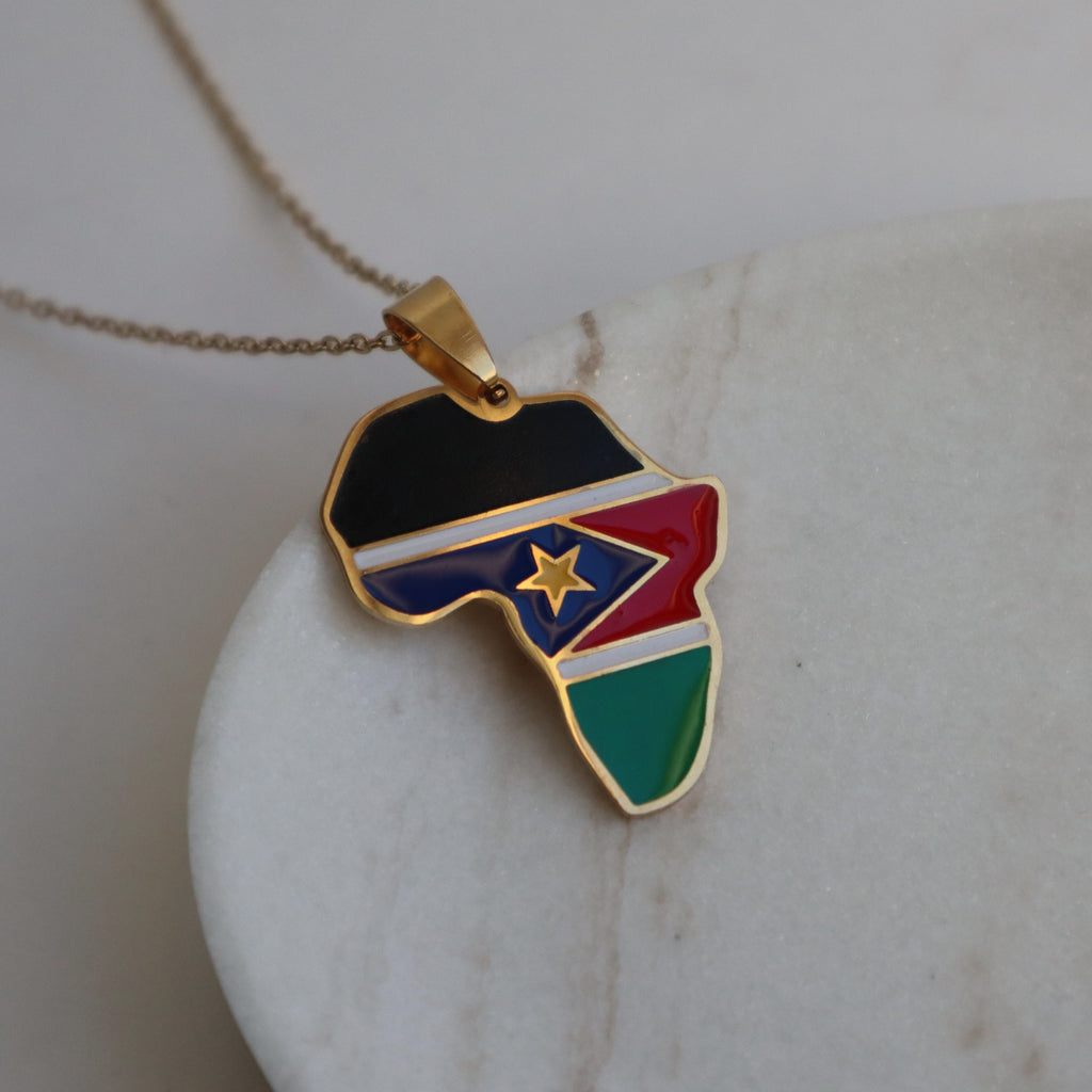 South Sudan flag necklace africa 18k gold plated on stainless steel