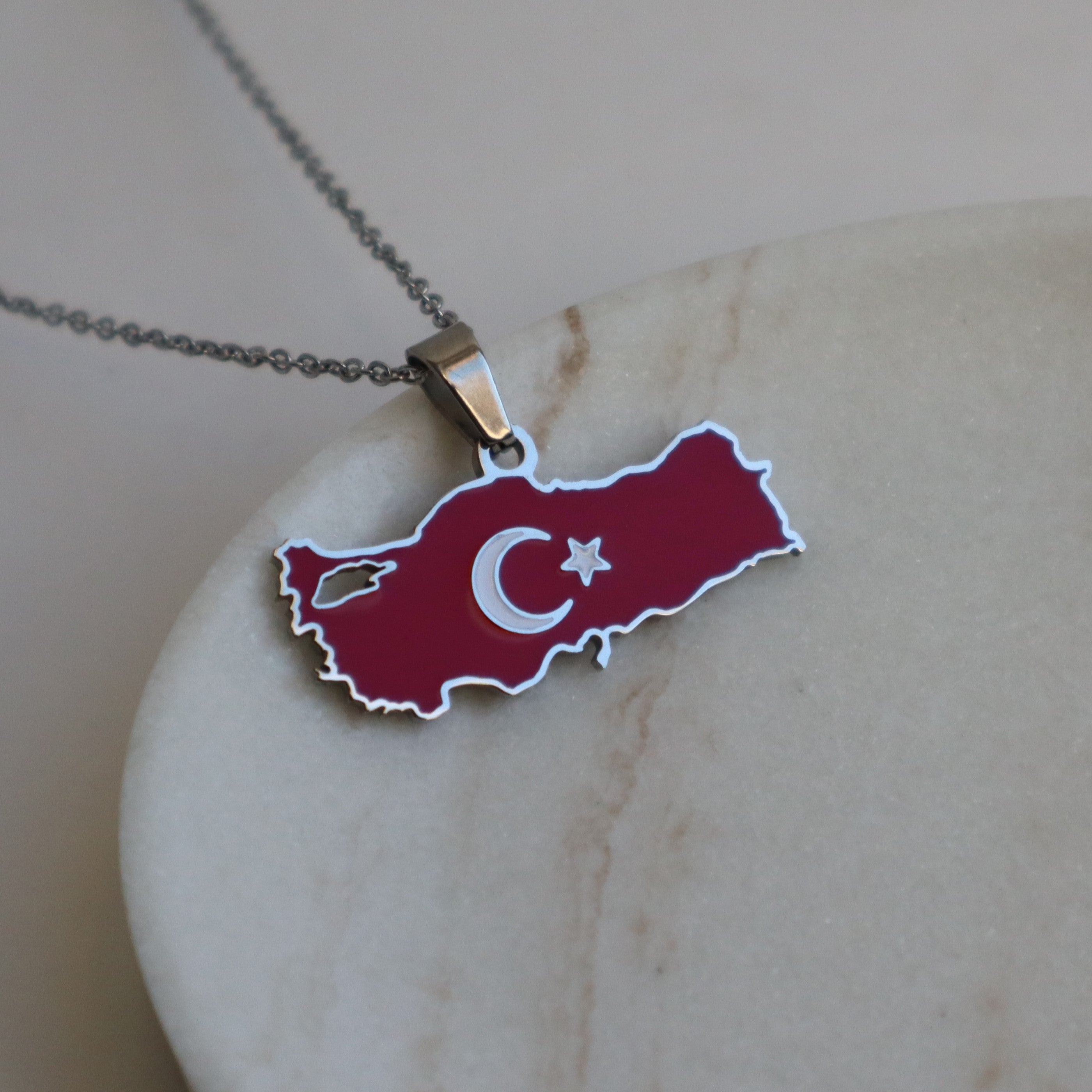 Turkey flag necklace silver plated on stainless steel