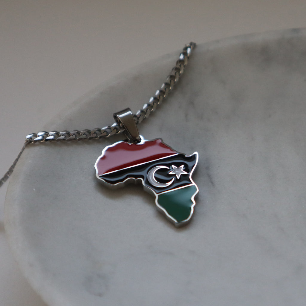 Mens libya africa necklace silver plated on stainless steel