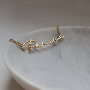 personalised name necklace vertical 18k gold plated on stainless steel