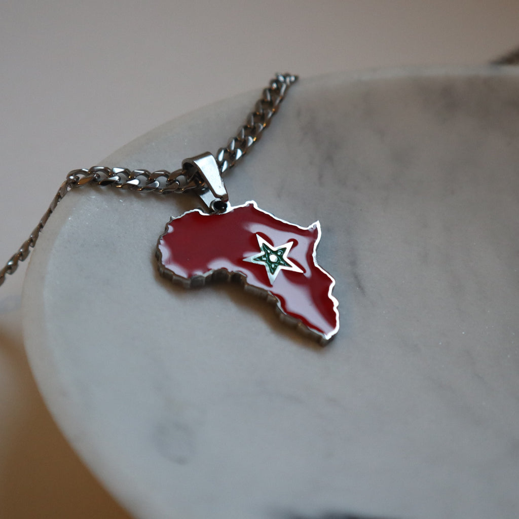 Morocco flag necklace africa shape silver plated on stainless steel