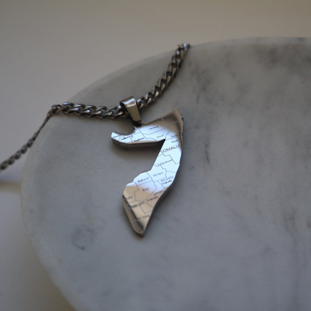 Men's Somalia map necklace silver plated in stainless steel