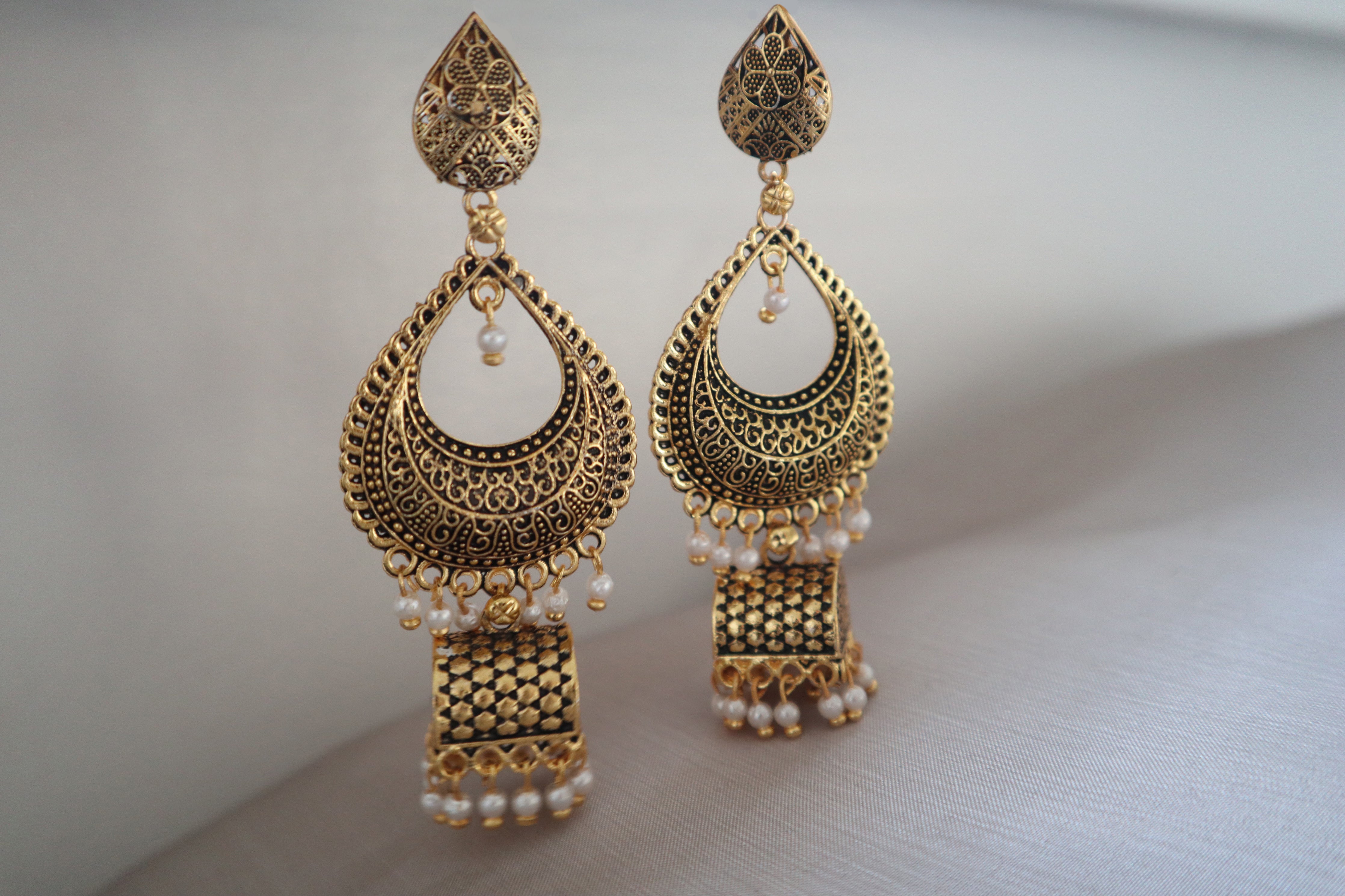 18k Gold Plated desi Indian teardrop earrings with pearls