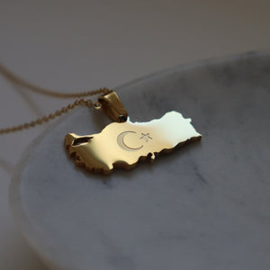 Turkey map necklace 18k gold plated on stainless steel with crescent and star